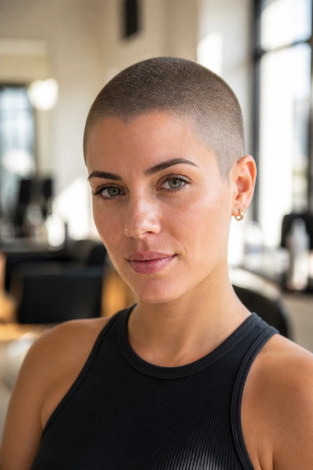 Portrait of a real woman with a clean starting-over buzz haircut