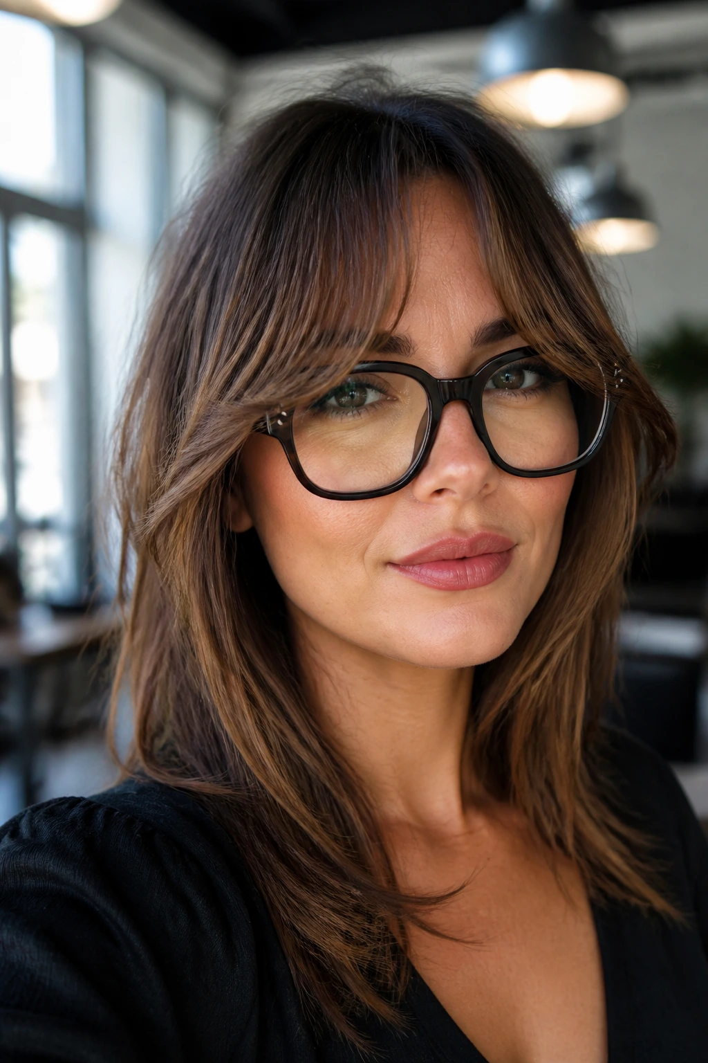 Portrait of a woman with statement curtain bangs and oversized bold frames
