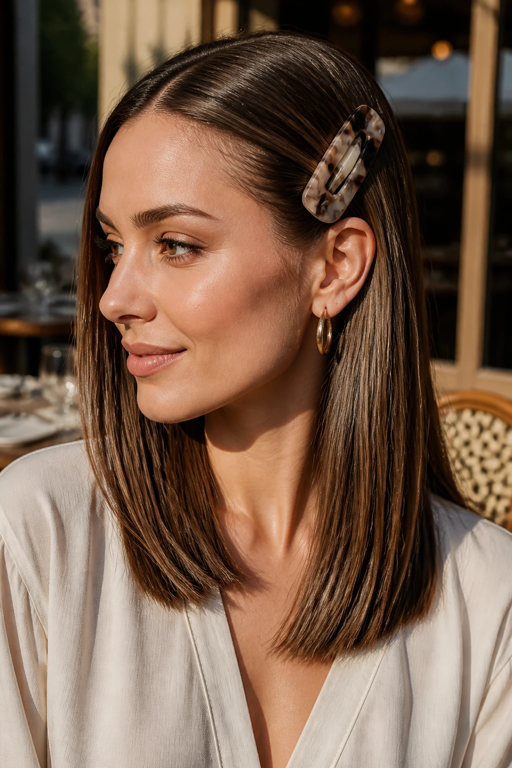 Close-up real woman with a statement barrette side hairstyle.