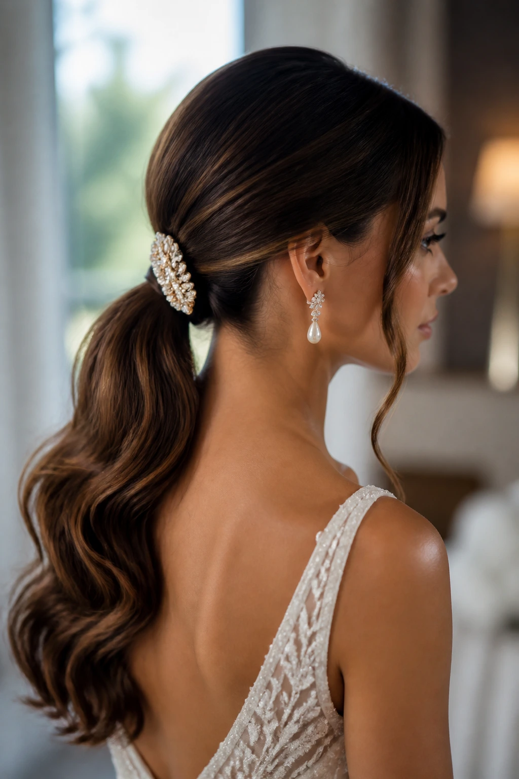 Close-up of a real bride with a Statement Barrette Low Ponytail and a bold barrette