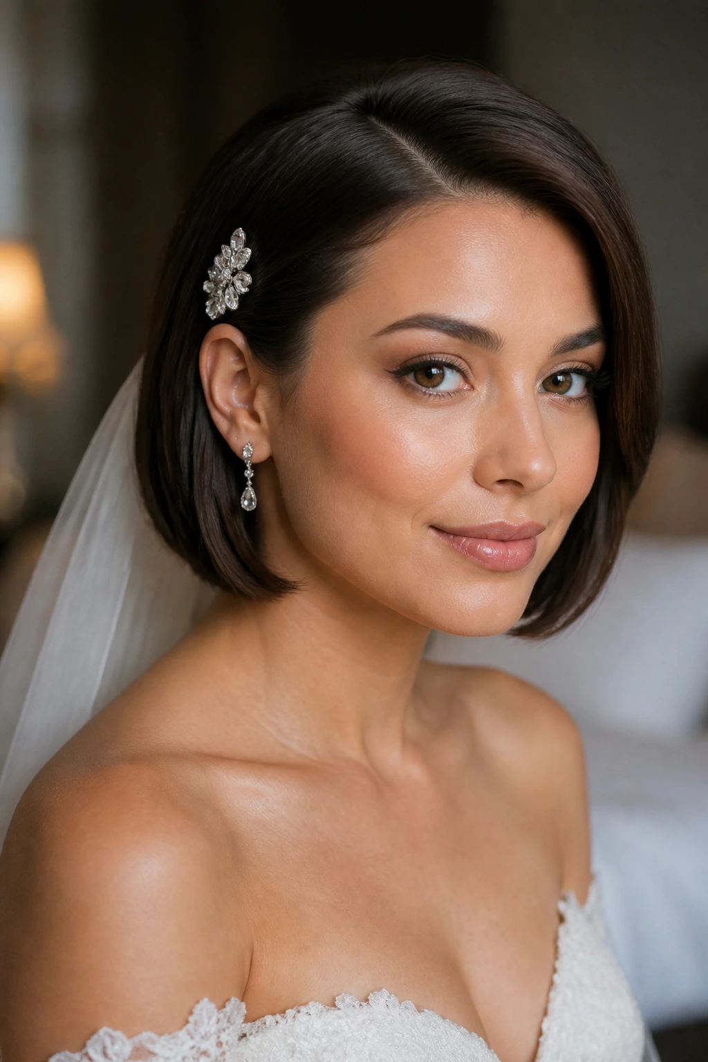 Bridal bob with a statement clip on the side