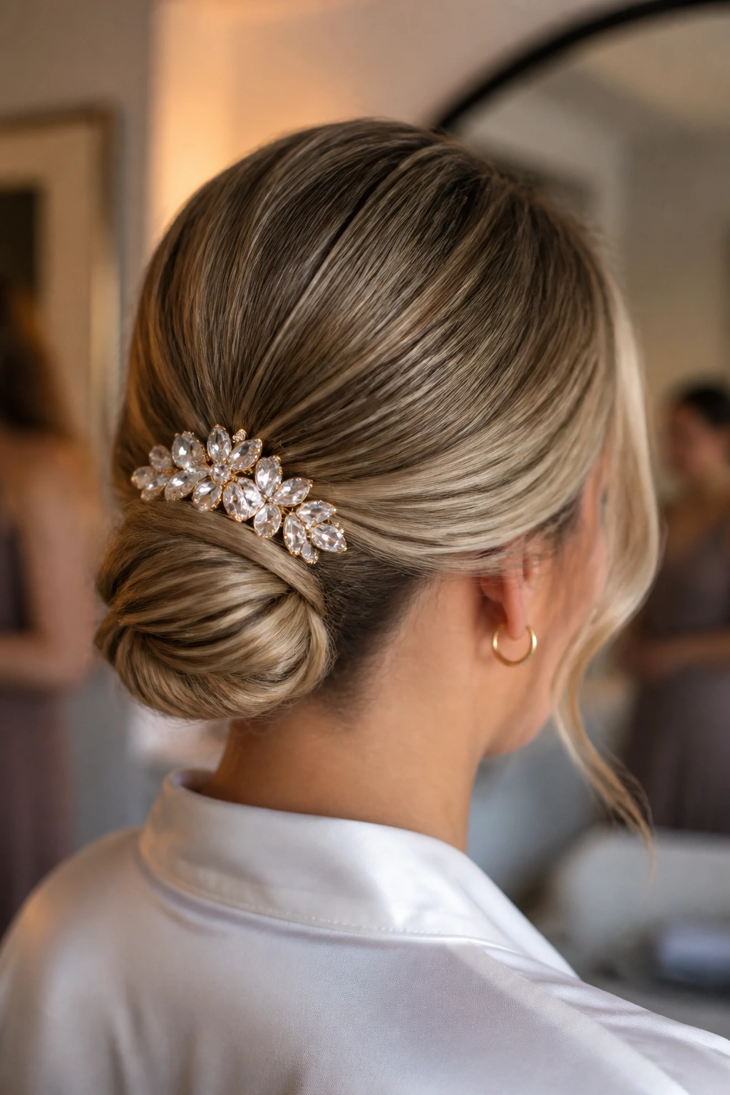 Close-up of real woman with a statement clip at the low bun in a prep room