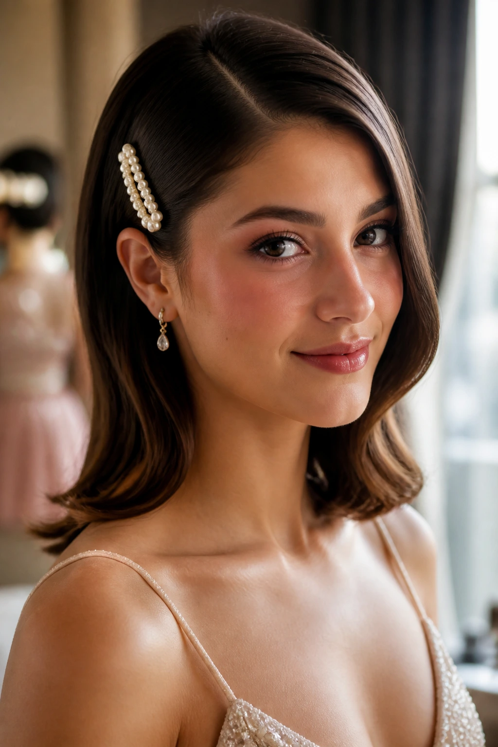 Close-up of a real woman with a statement clip smoothing a side tuck in medium-length hair.