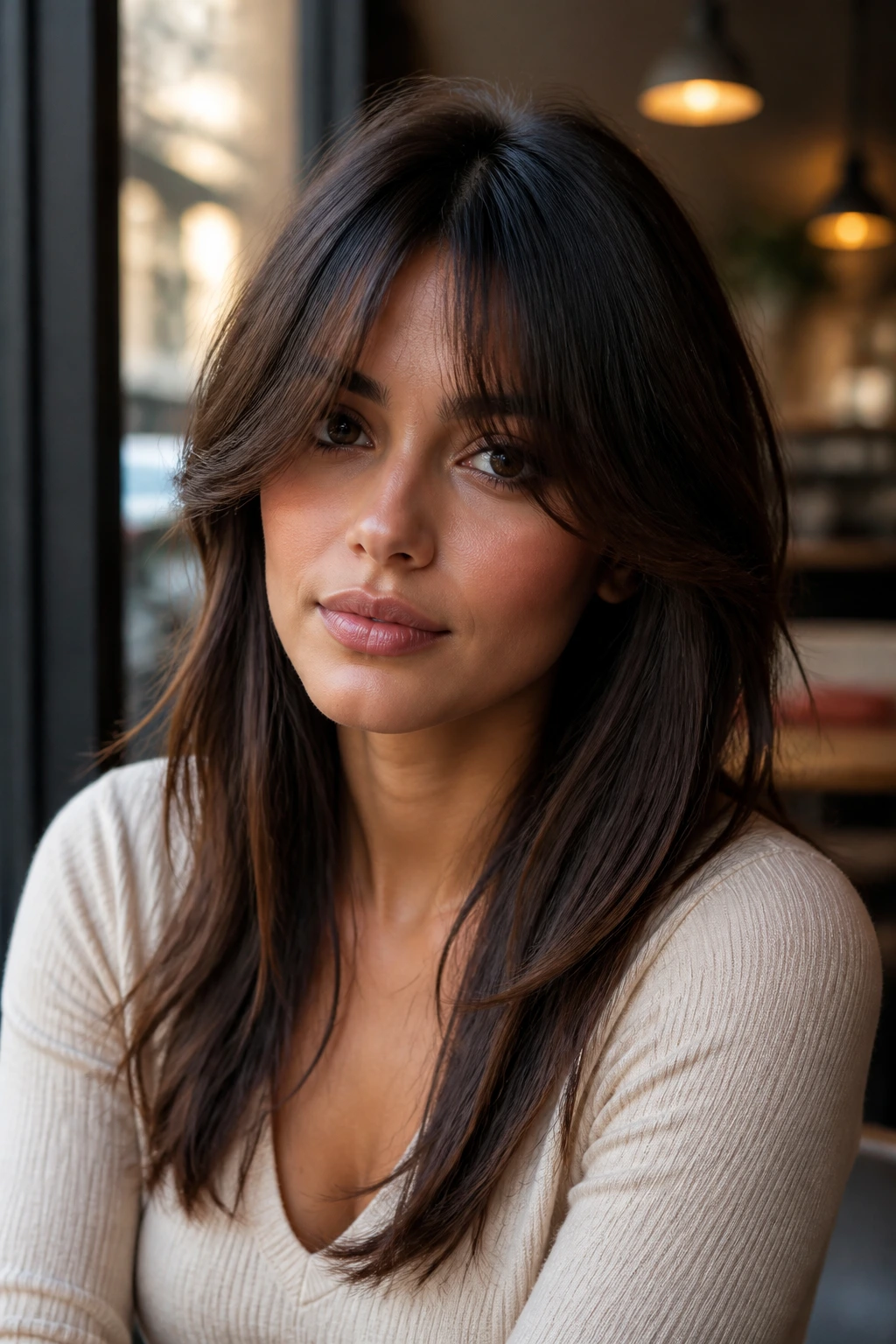 Close-up of a real person with statement curtain bangs and long ends framing the jaw.