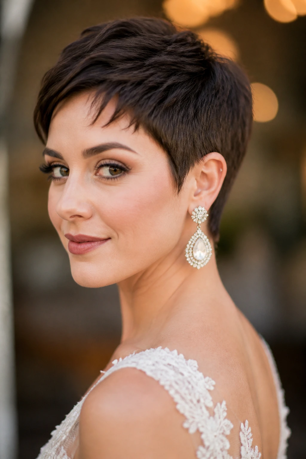Bridal pixie with visible statement earrings framed by hair.