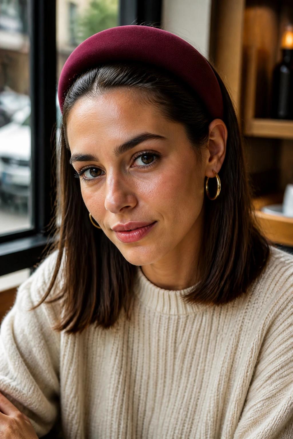 Close-up portrait of a real woman with a statement headband midi hairstyle