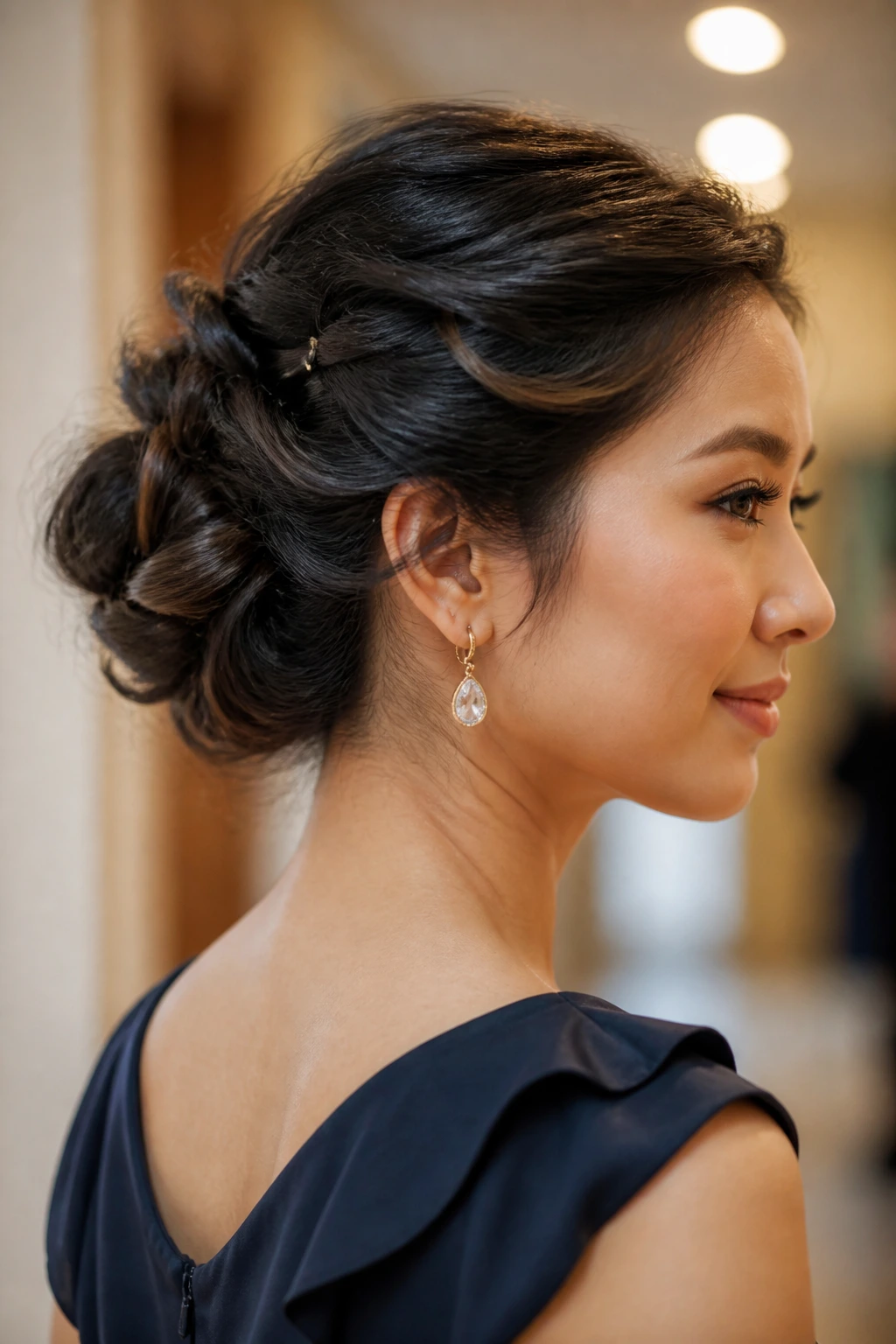 Close-up of a real woman with an elegant pinned hairstyle staying in place