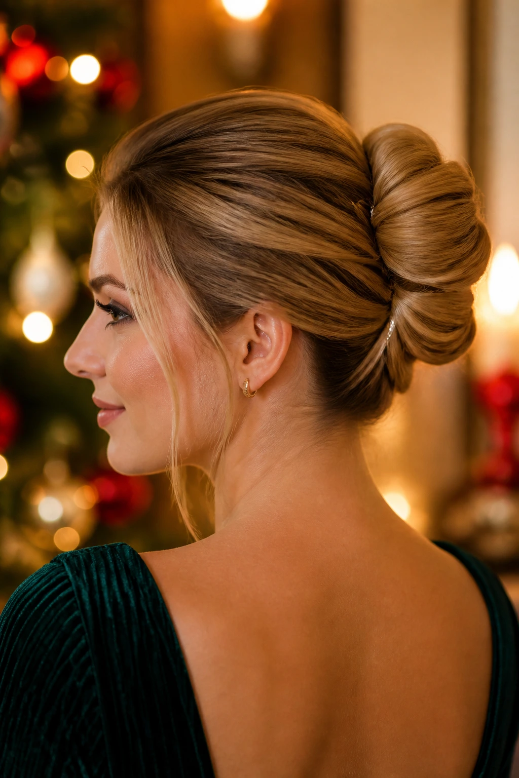 Real woman with a polished wrapped-base updo in a warm holiday setting