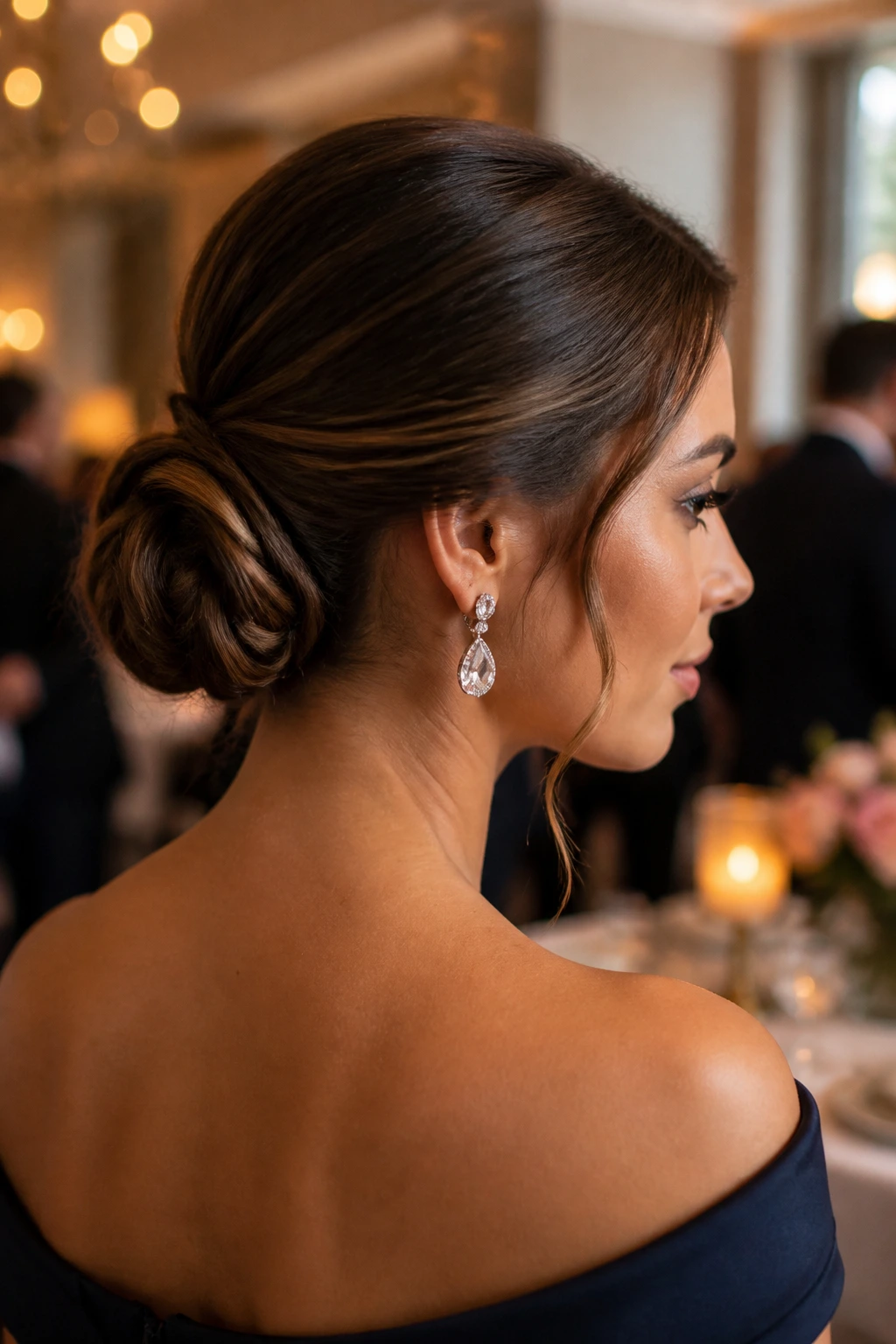 Close-up of a real woman wearing a chic low bun that stays put