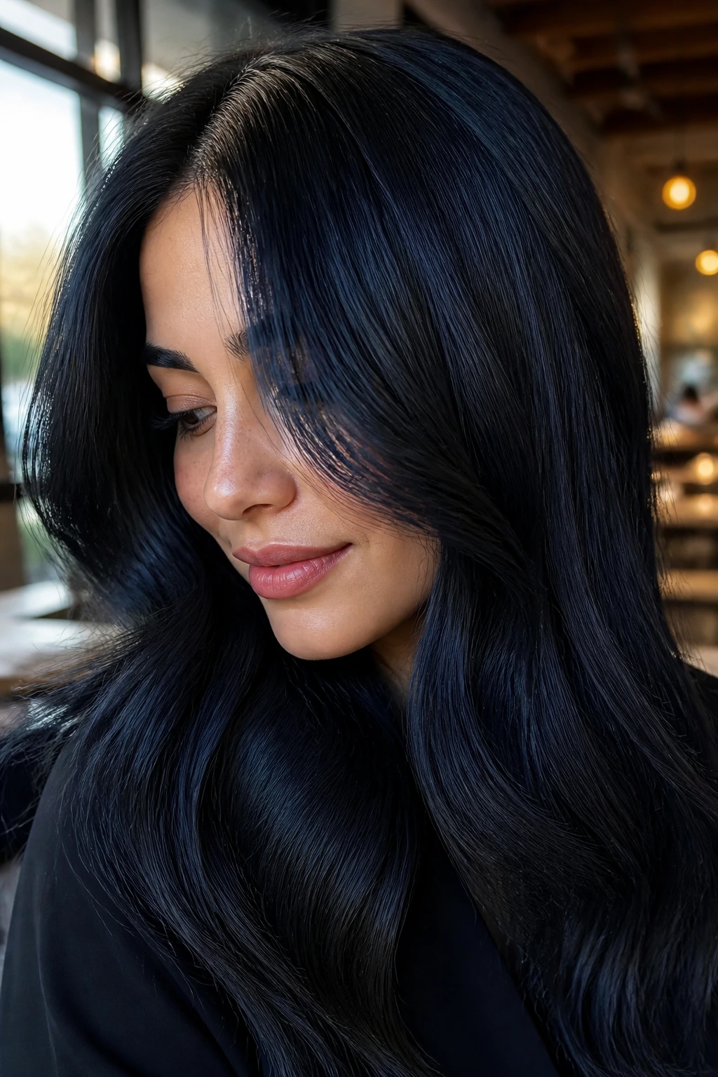 Portrait of woman with steel blue black hair in cafe setting