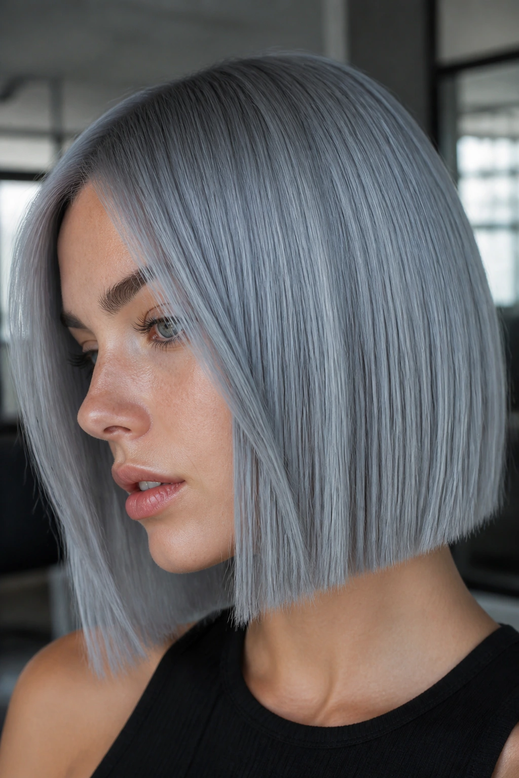 Real woman with steel blue silver hair in a blunt cut