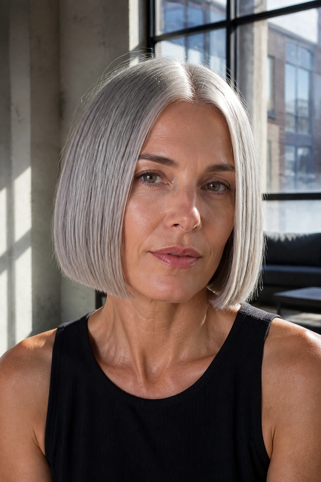 Portrait of a real woman with a steel blunt bob and crisp bottom edge.