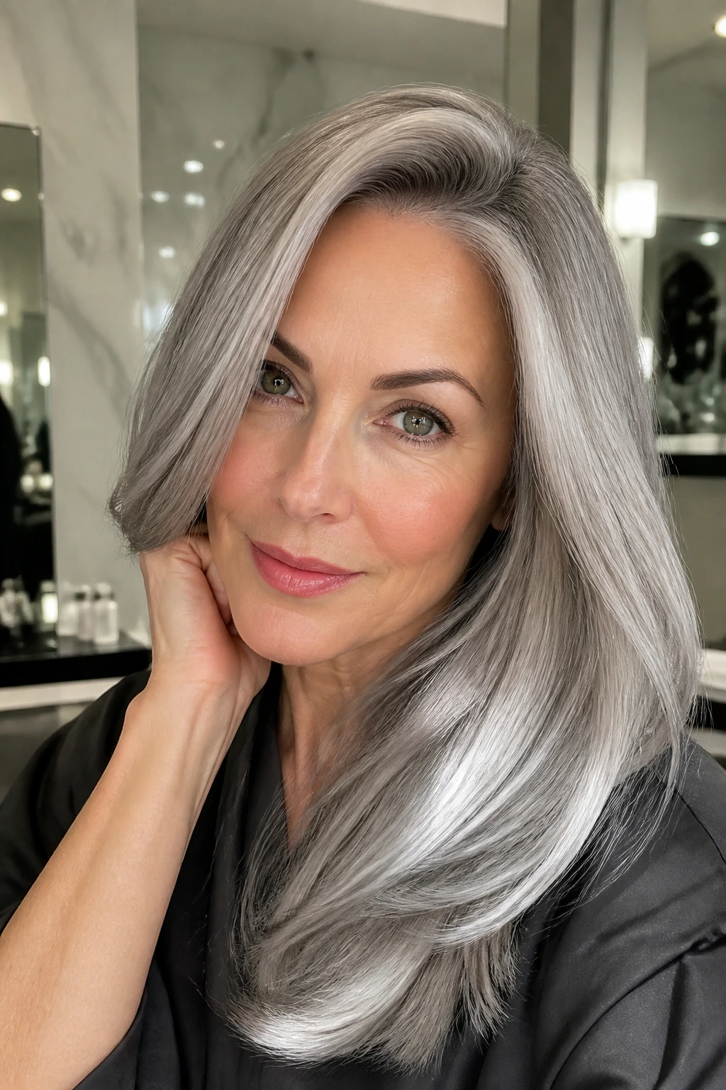 Portrait of a person with steel gray hair and glossy mirror shine in a bright space