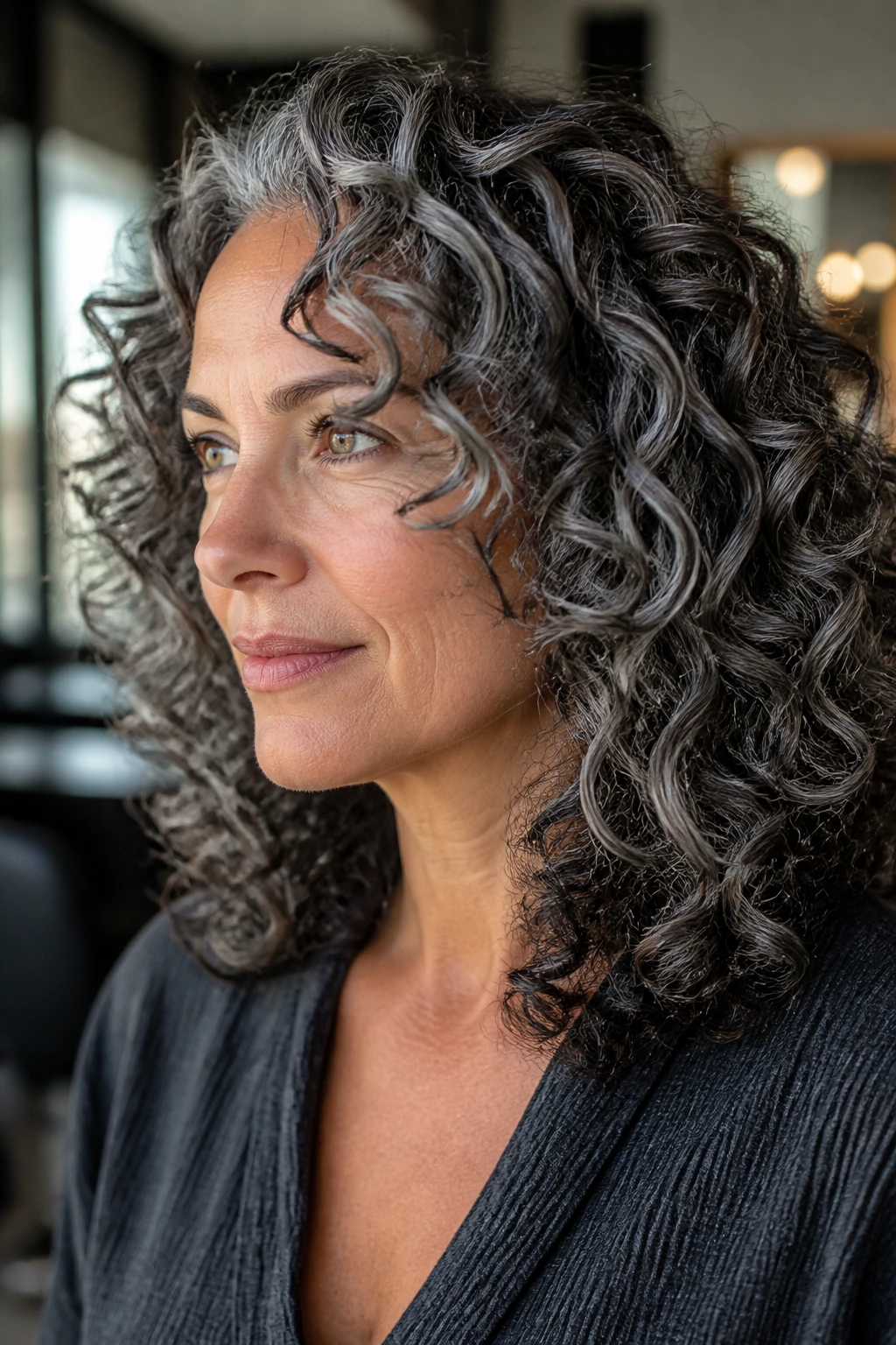 Close-up of real woman's curly hair with steel-gray ribbon highlights