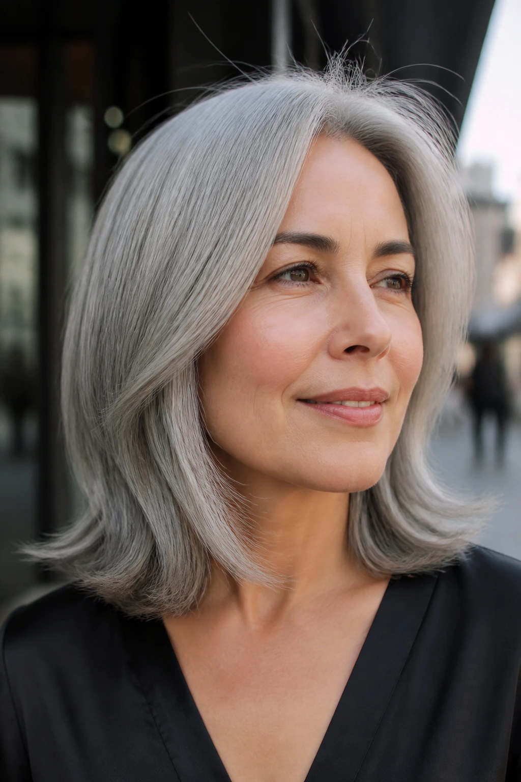 Portrait of a person with steel silver lob and feathered ends