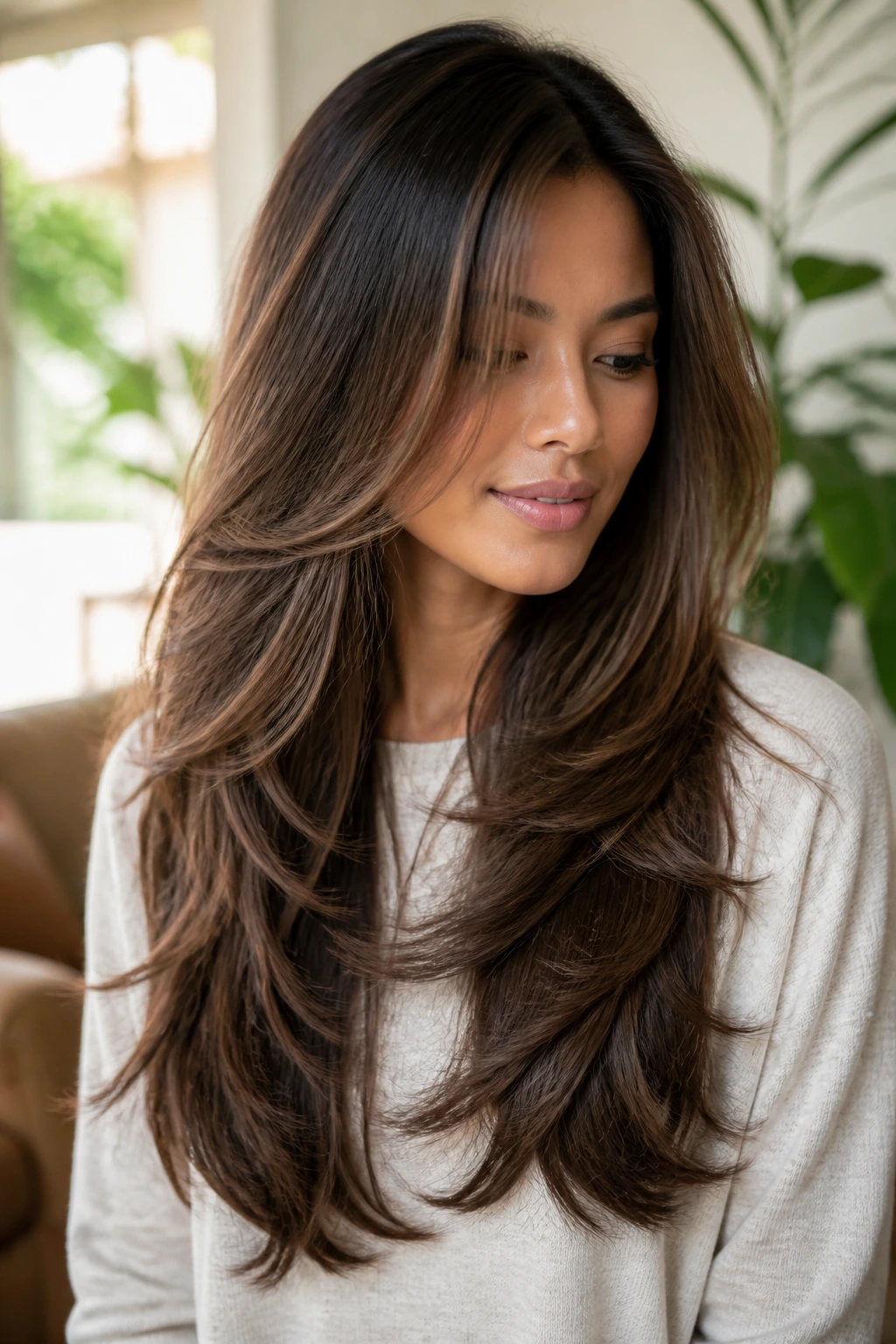 Portrait of a real woman with step layers showing movement in long hair