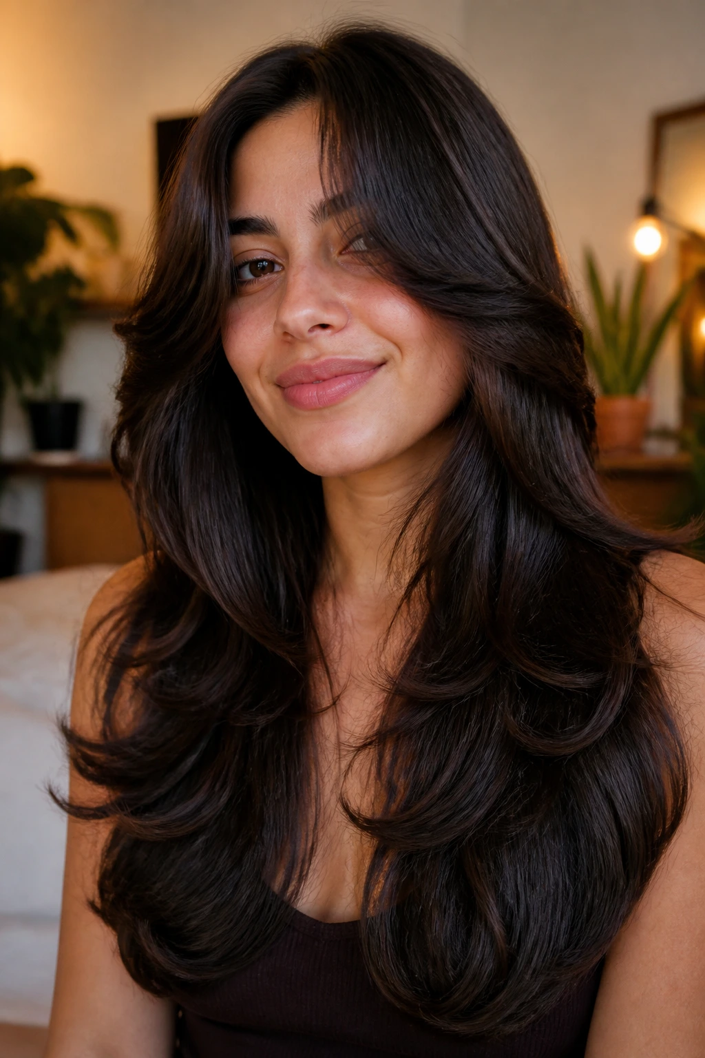Close-up portrait of a real woman with visible step layers in long hair