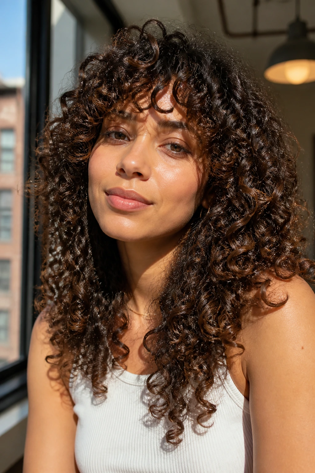 Close-up portrait of a real woman with stepped layers in curly hair