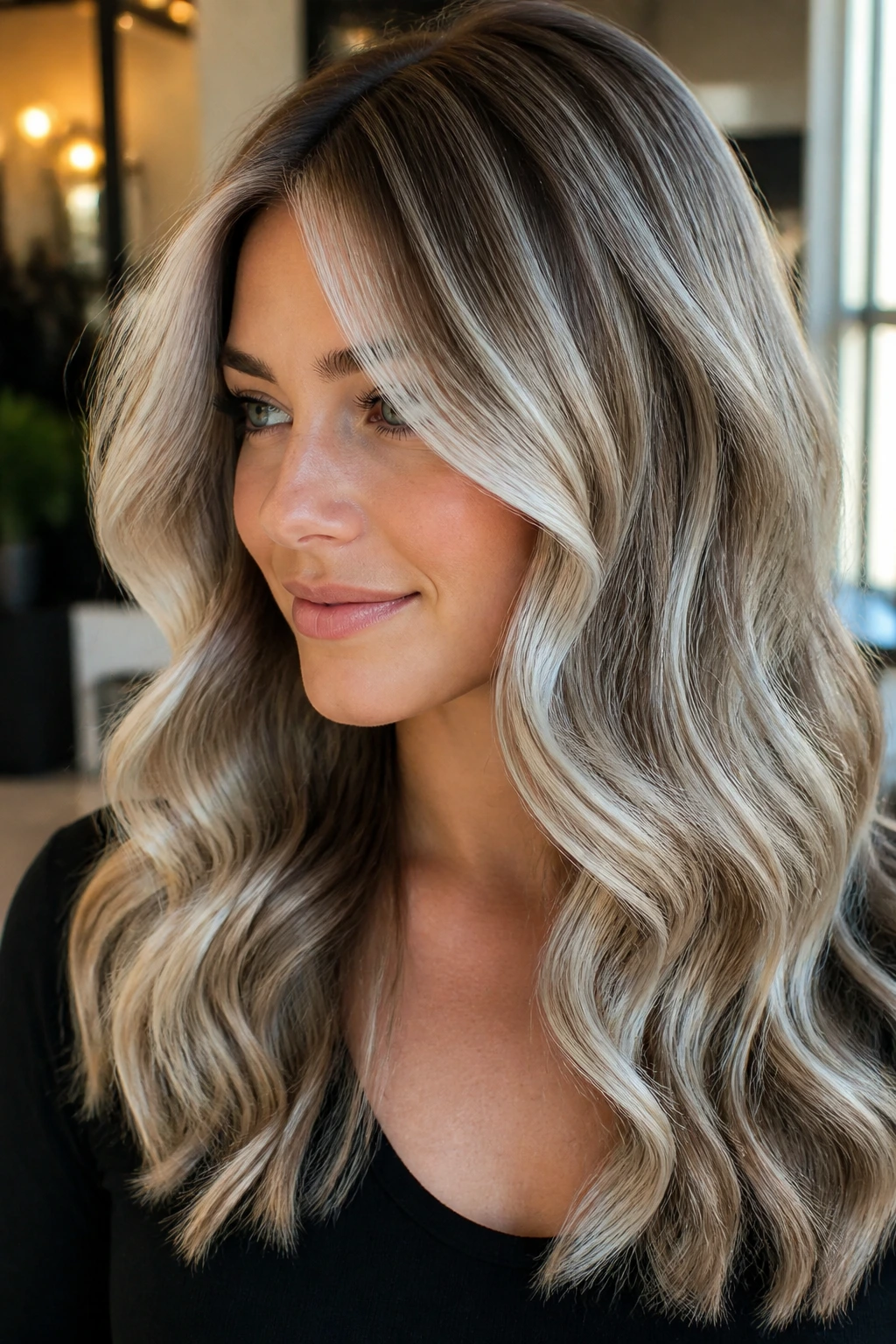 Medium close-up of a woman with sterling balayage over dark blonde hair around the face.