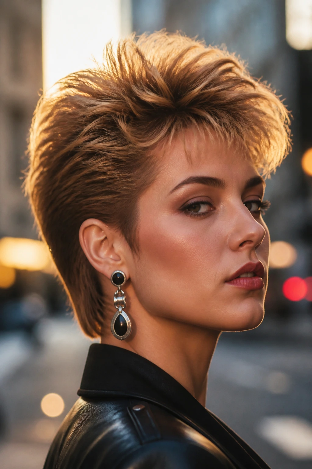 Close-up portrait of a real person with a bold 1980s short hairstyle in urban light