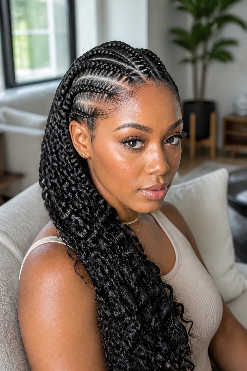 Close-up portrait of a real woman with stitch-braid base and goddess-length ends