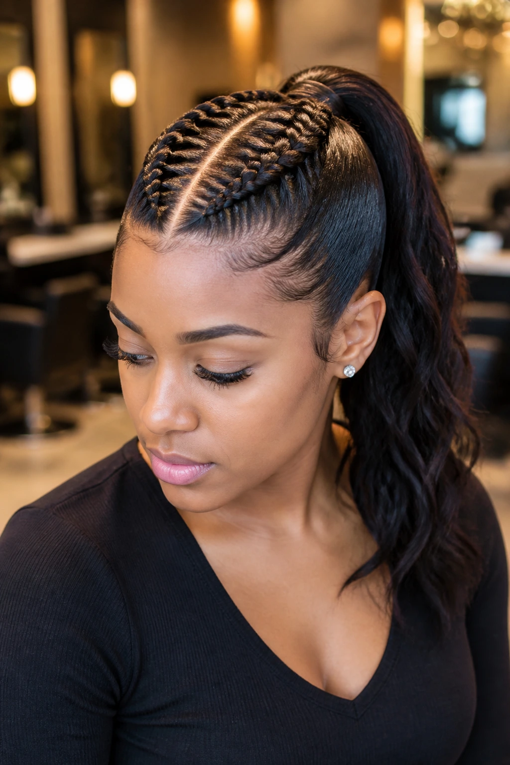 Close-up of a real woman with a stitched braid along the scalp into a ponytail.