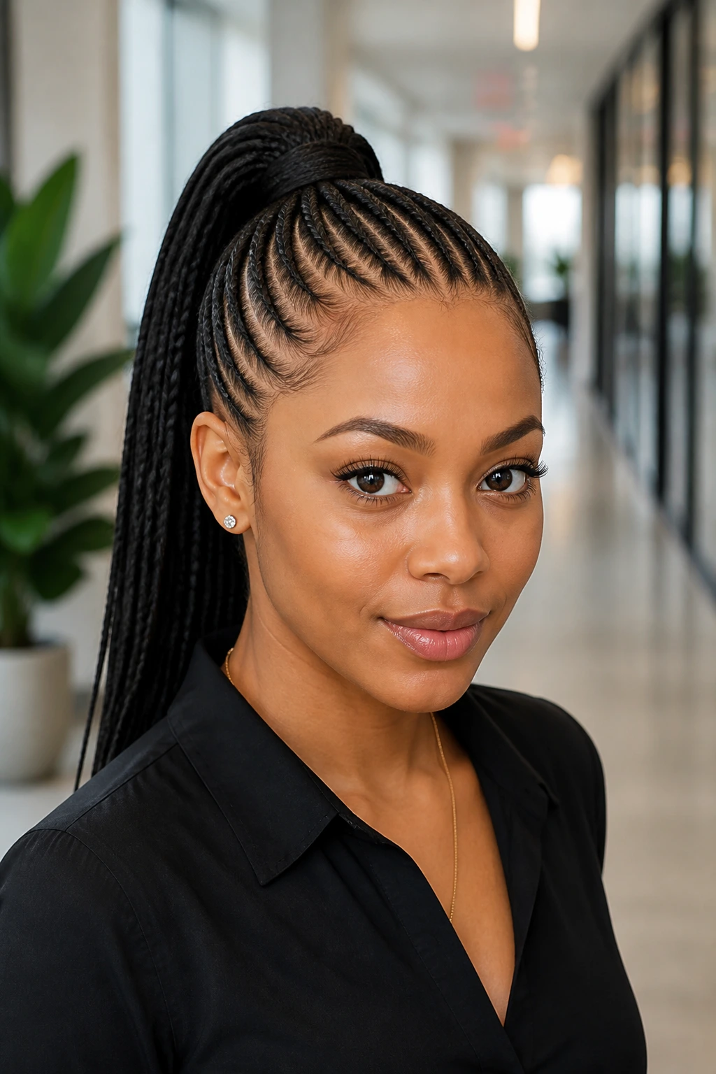Real woman with stitch braid ponytail in a sunny hallway