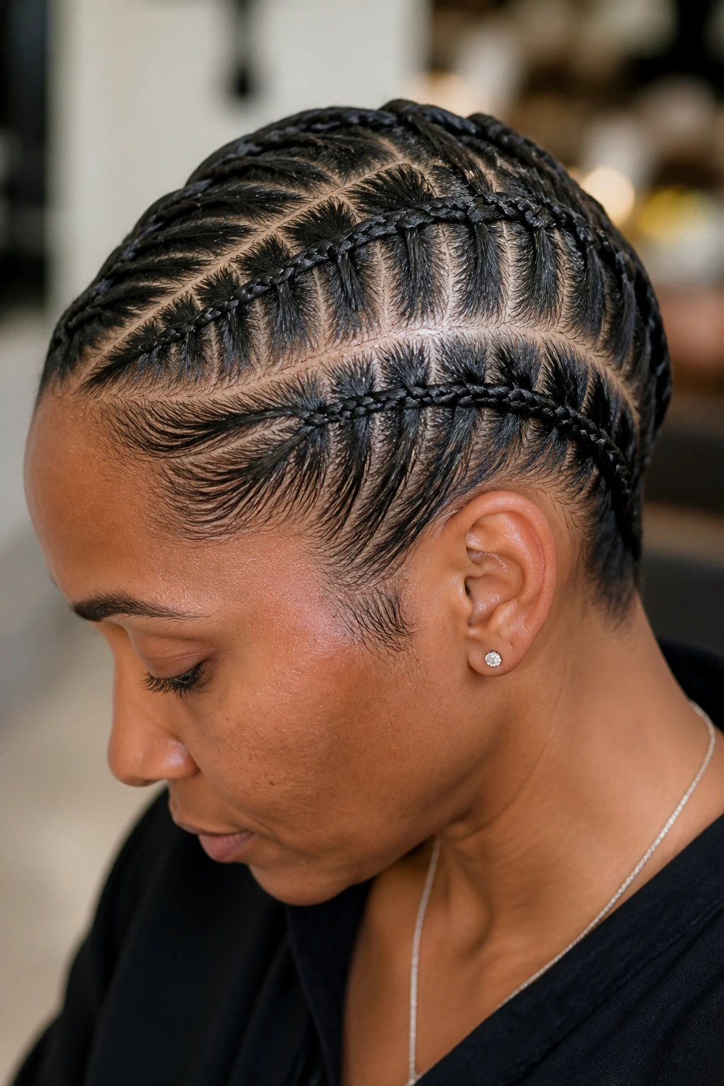 Close-up of stitch braid on short hair