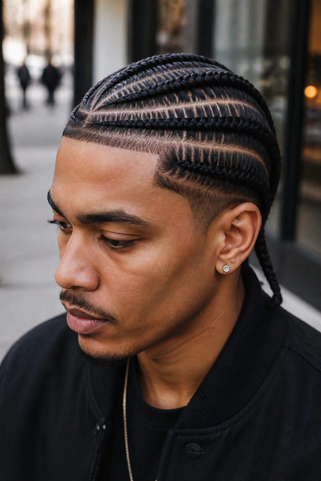Close-up of a man with stitch braids and visible part lines