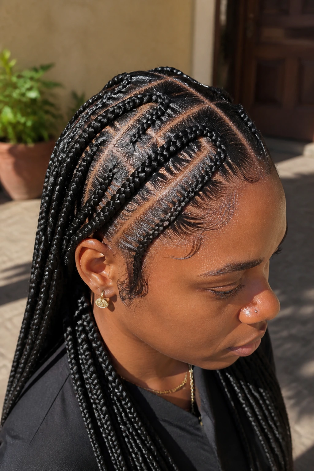 Close-up of stitch braids with sharp parts on a real woman outdoors