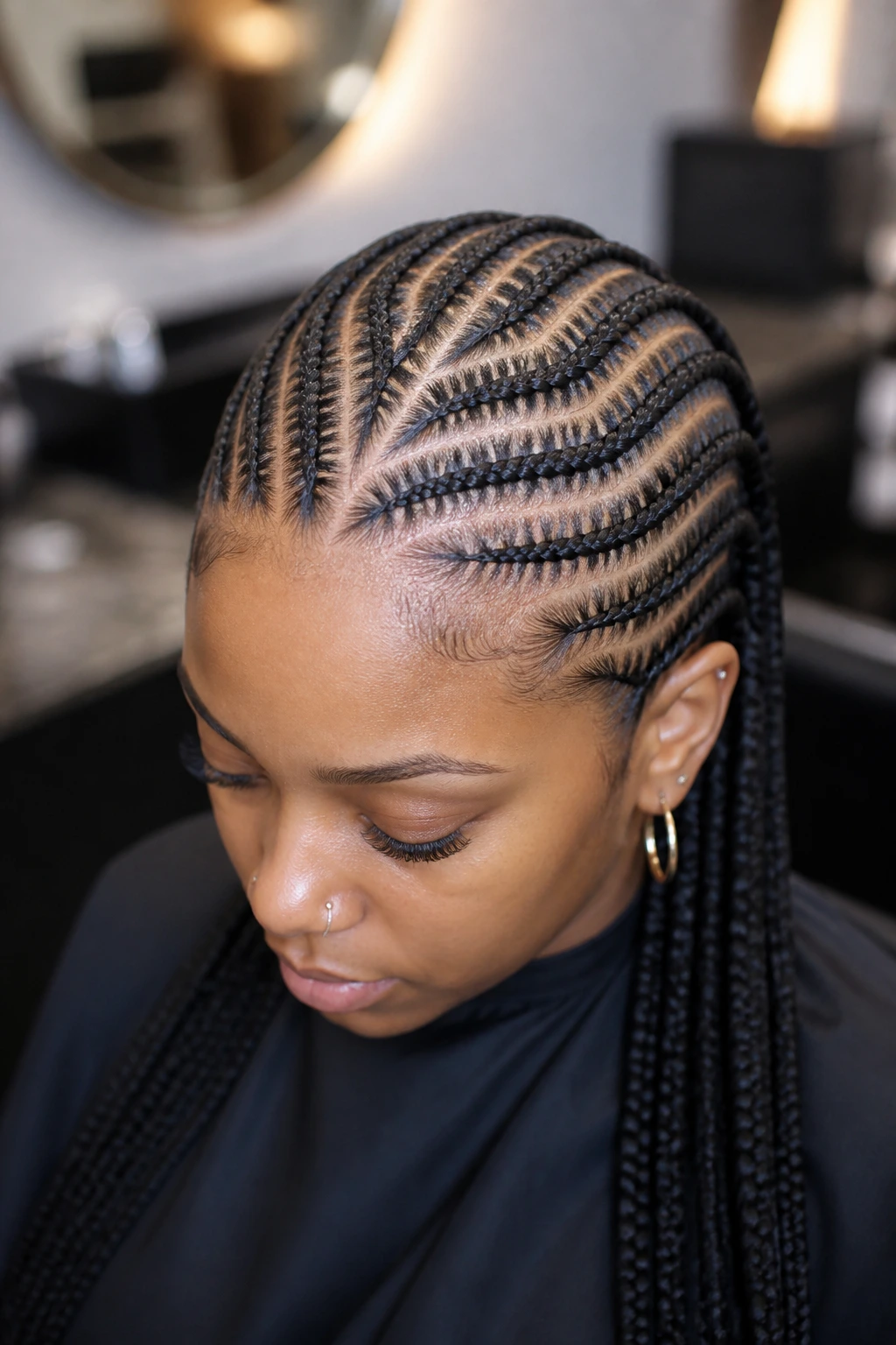 Real woman with stitch braids and crisp parting showing the root pattern