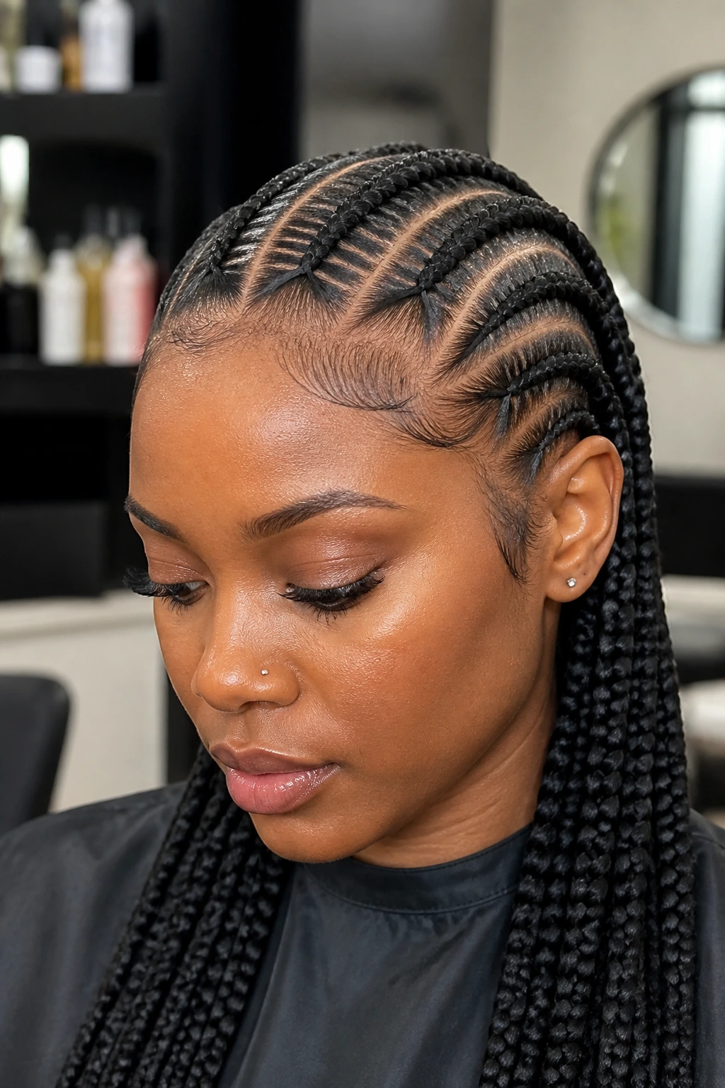 Close-up of a Black woman with stitch braids and crisp parts