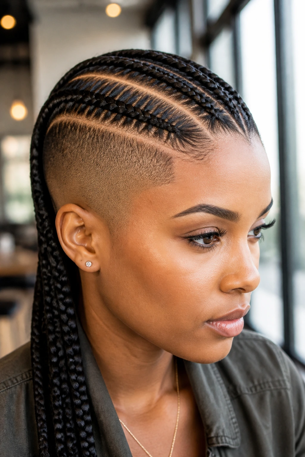 Portrait of a woman with feed-in stitch braids and hard part