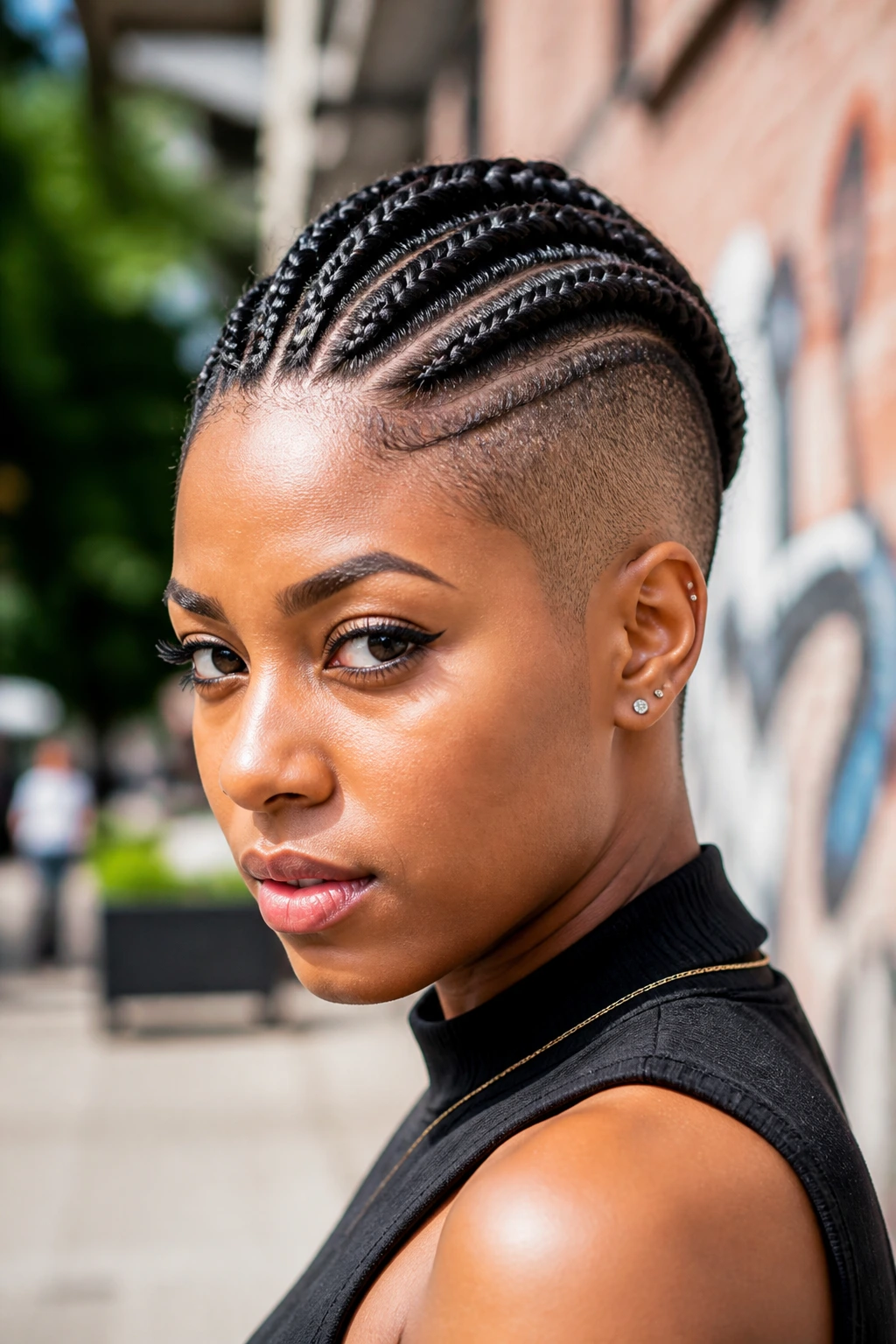 Portrait of a real woman with stitch braids forming a hawk and bare sides in daylight