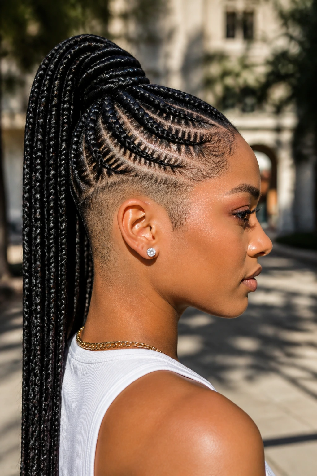Close-up portrait of stitched braids forming a high ponytail on a real person