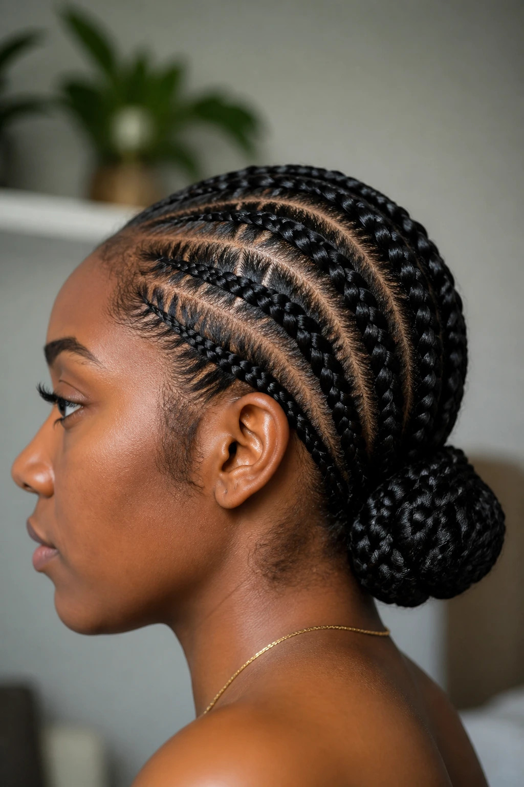 Stitch braids forming a low bun at the nape on a real person