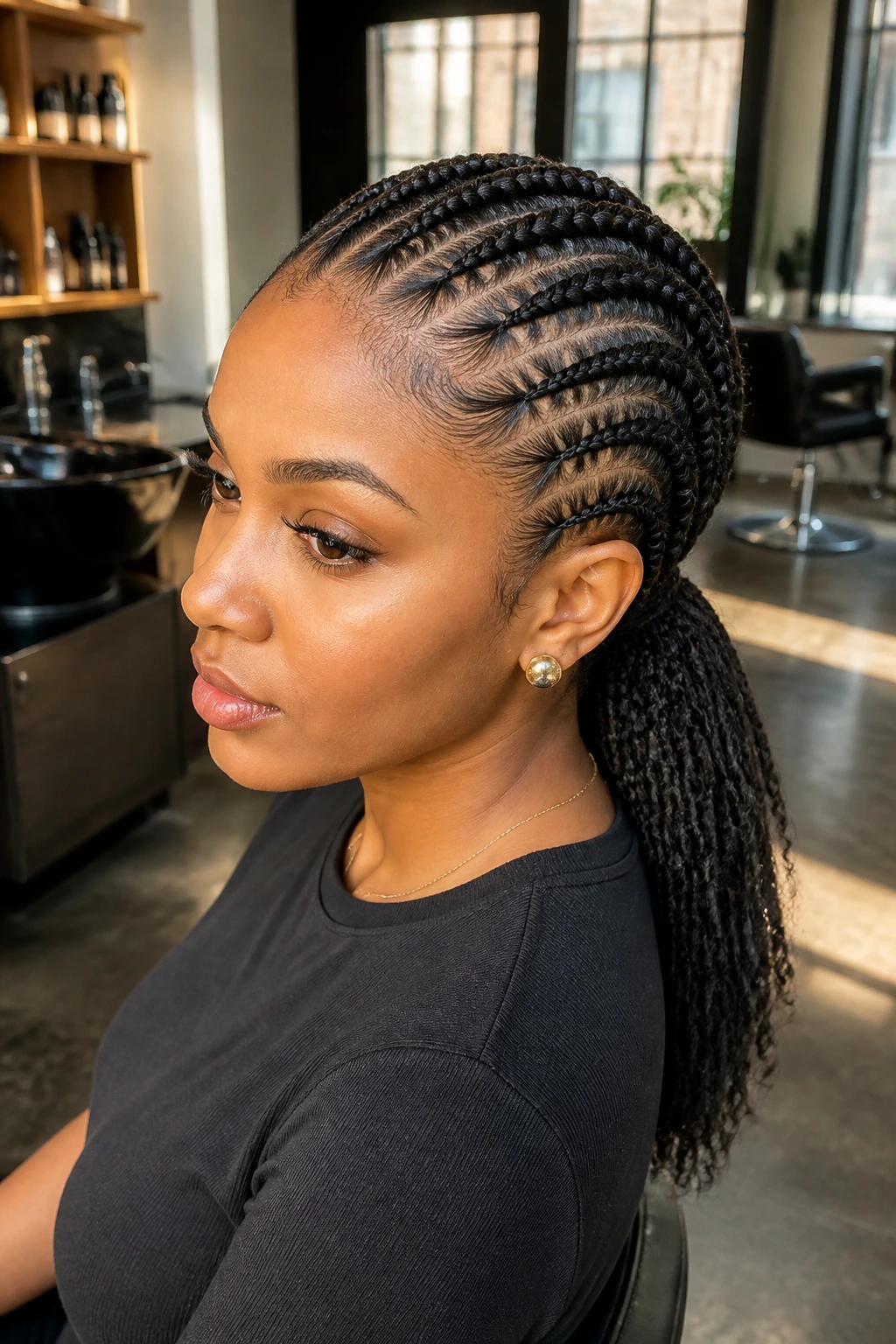 Close-up of a real woman with stitch braids forming a low ponytail at the nape in a salon.