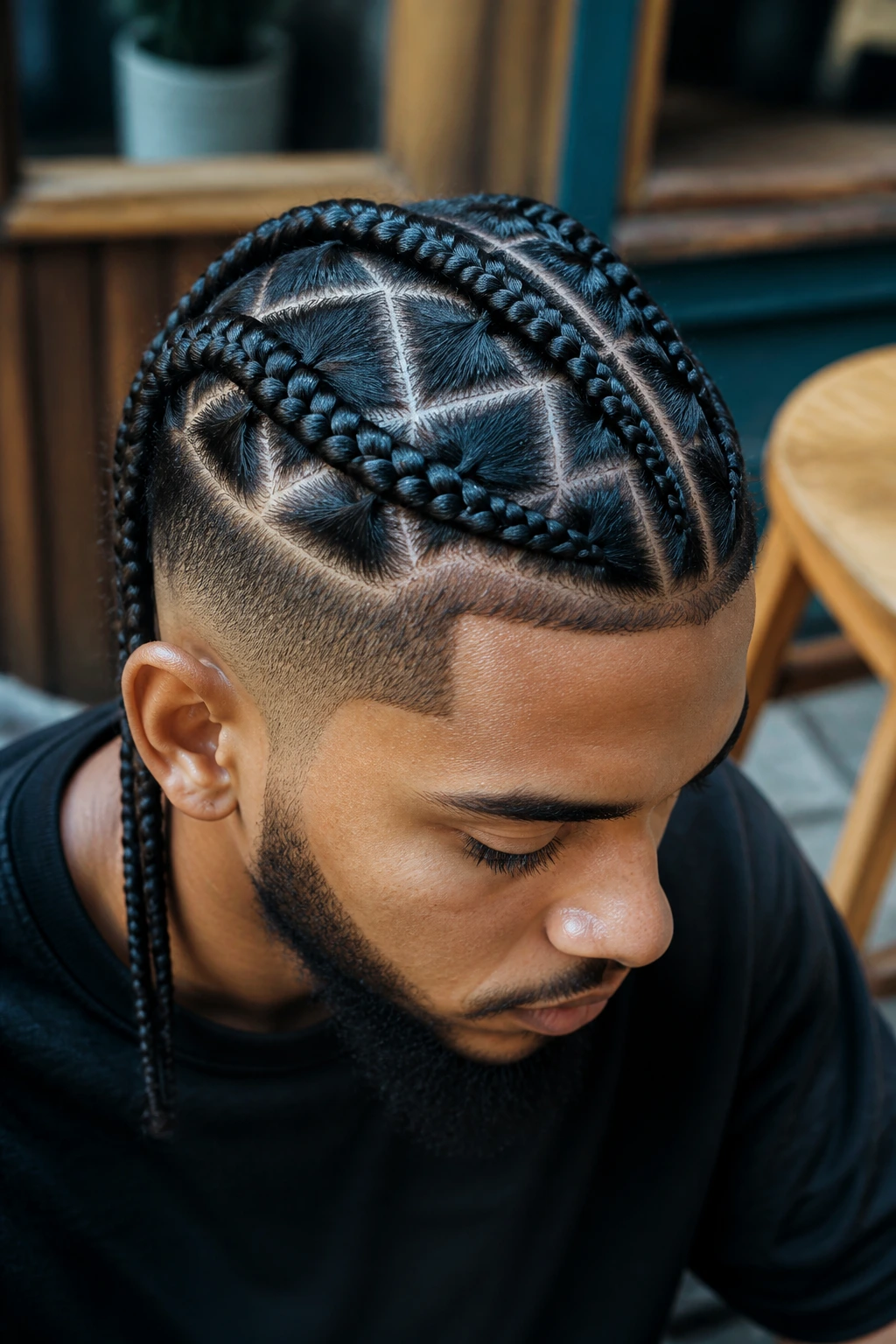 Man with stitch braids featuring crisp part lines.
