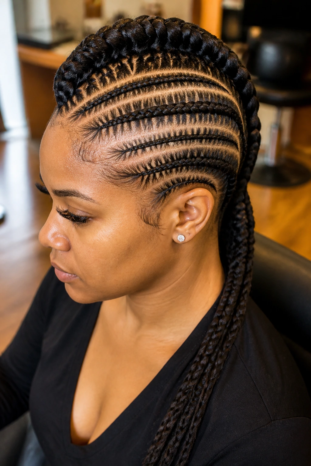 Real person with stitch-braid mohawk and sharp parting