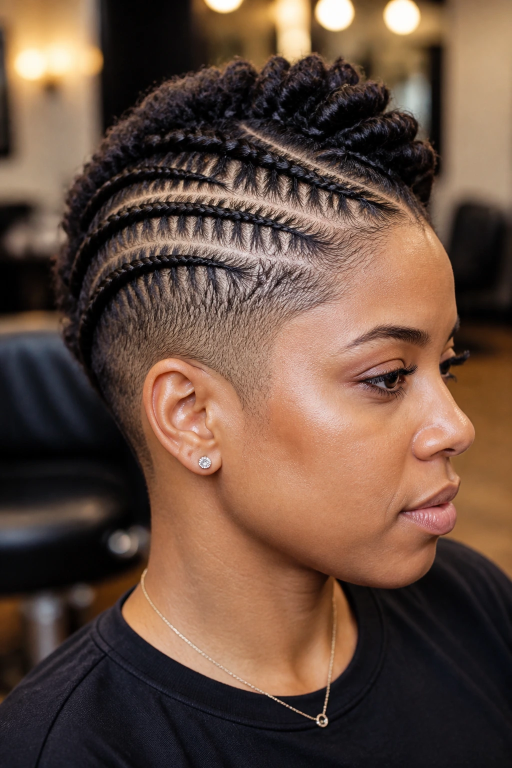 Close-up portrait of a person with crisp stitch braids creating a graphic mohawk on short natural hair