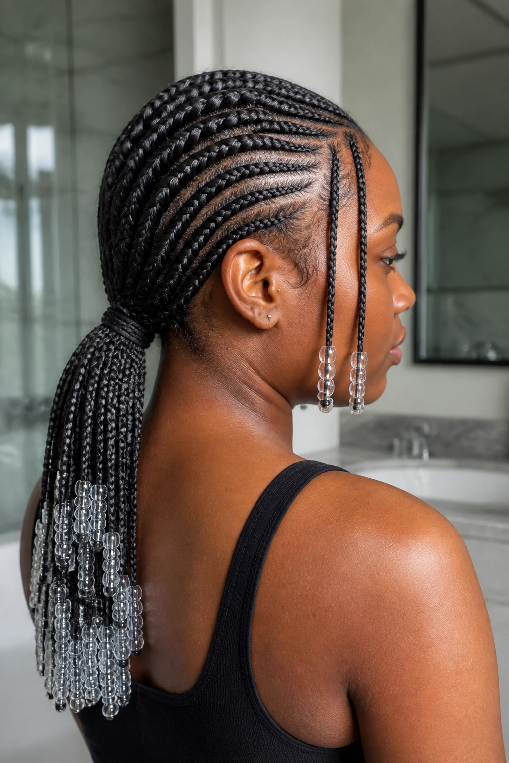 Low ponytail with stitch braids and beads on a real person