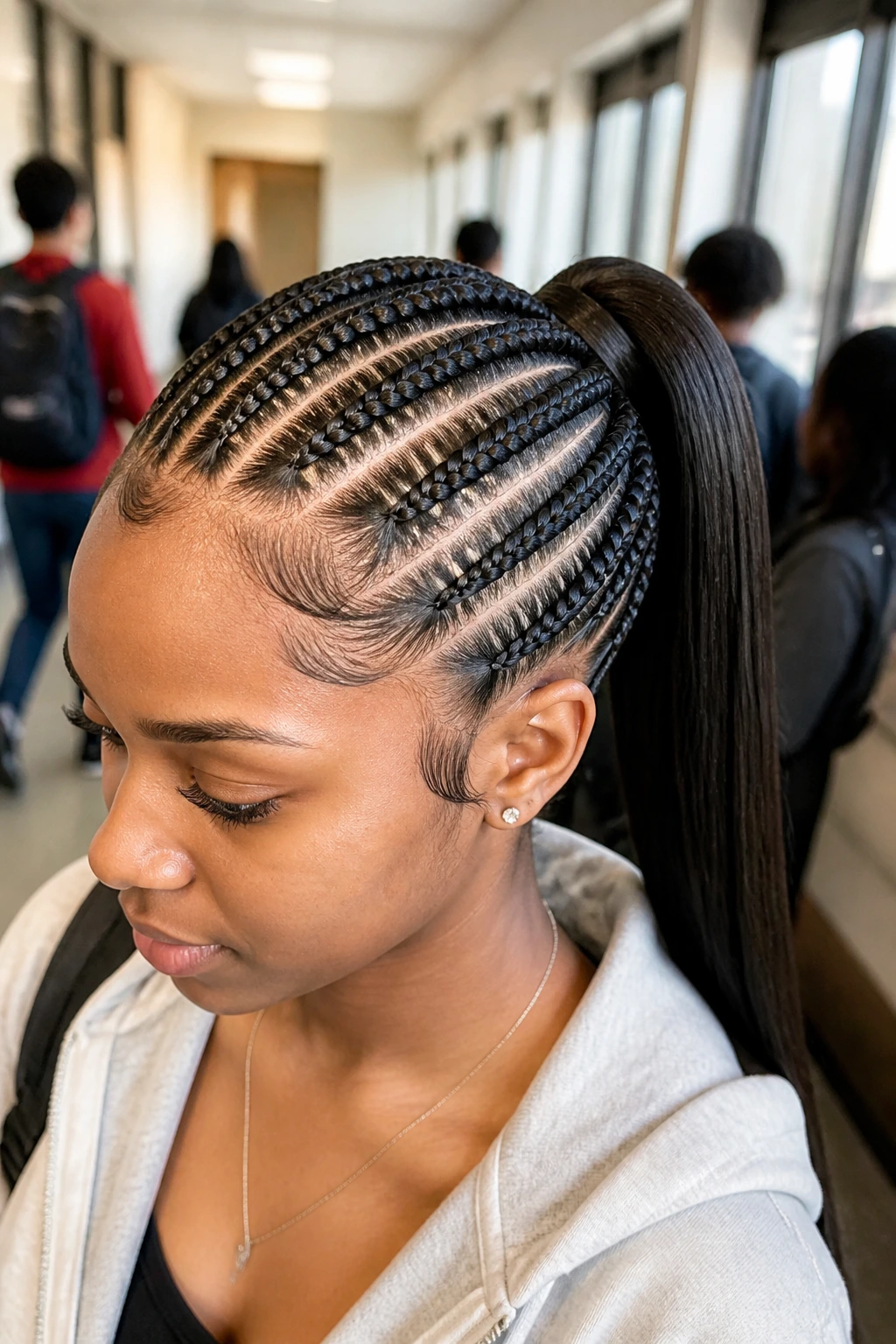 Close-up portrait of a real student with stitch braids forming a ponytail in a school setting