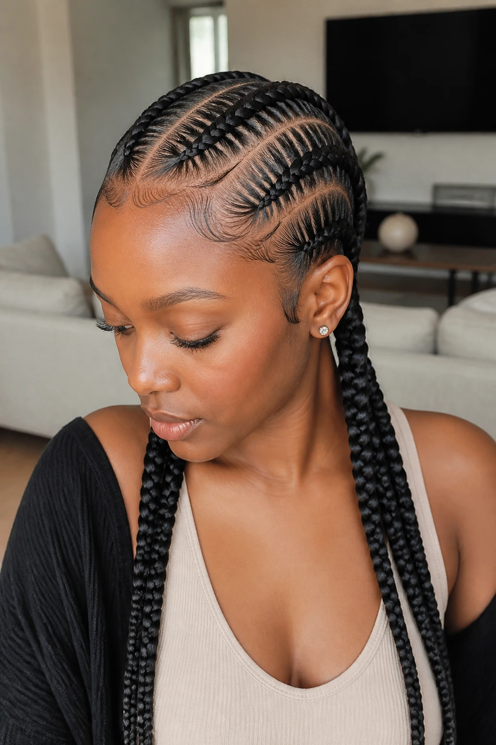 Close-up of a woman with stitch braids under natural light