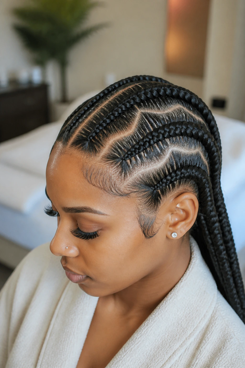 Close-up of a real woman with stitch braids along the scalp.
