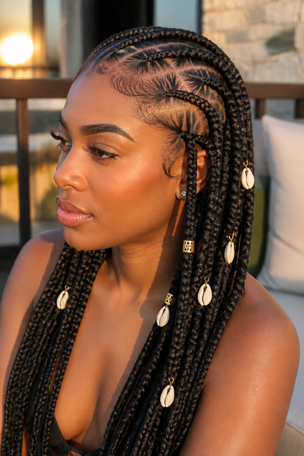 Close-up of stitch braids with shells and gold cuffs on a real woman