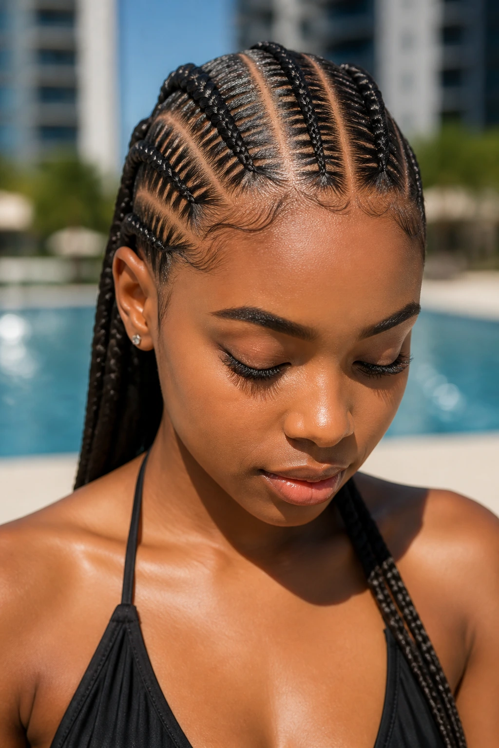 Close-up of stitch braids with slicked parts on a real person outdoors