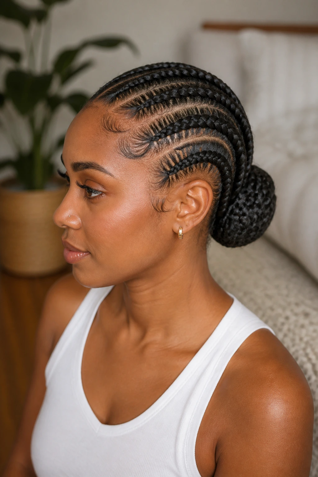 Three-quarter portrait of a woman with stitch braids wrapped into a bun