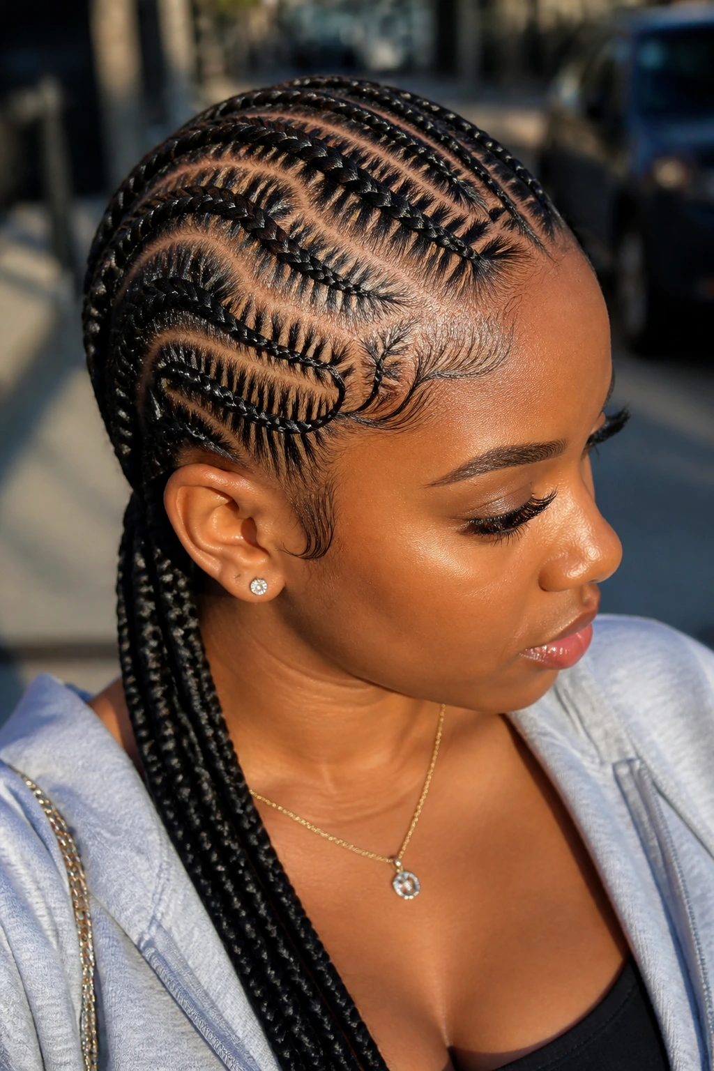 Close-up of a Black woman with stitch cornrows showing visible scalp stitching.