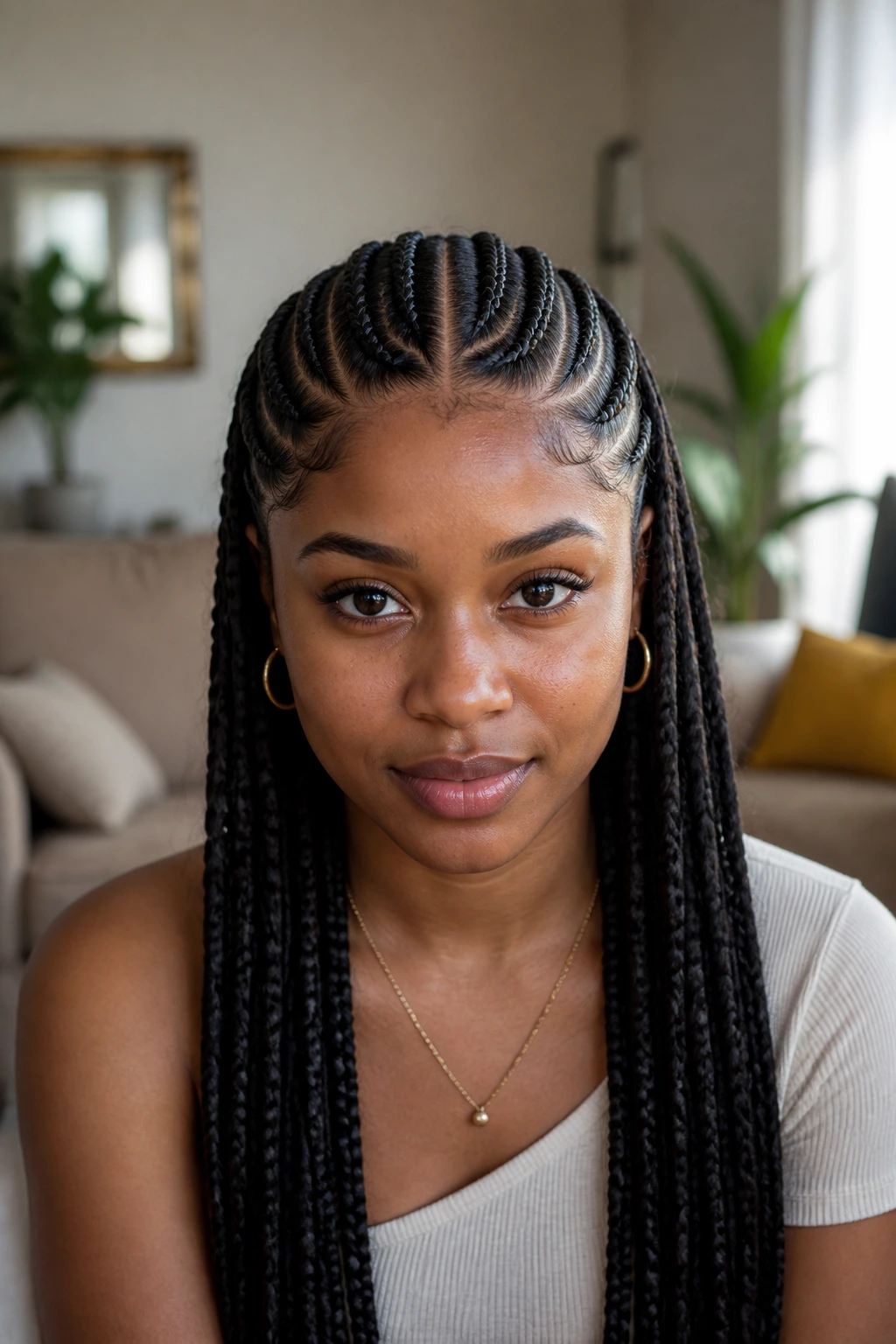 Close-up of a real woman with stitch feed-in braids and crisp part lines