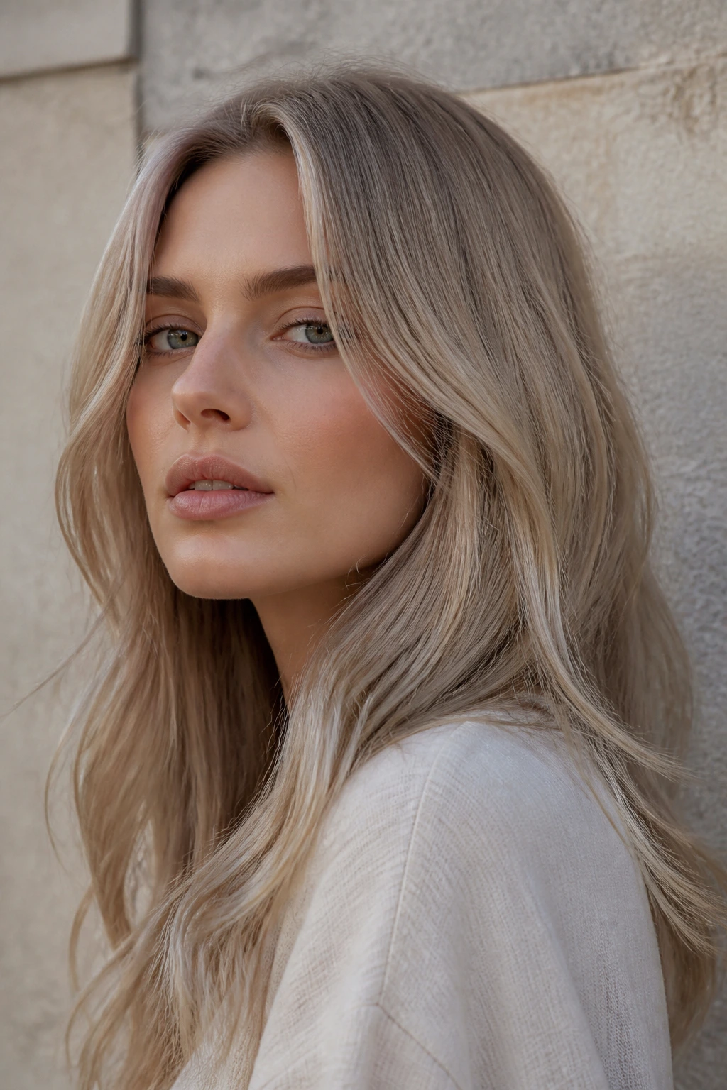 Close-up portrait of a real person with stone beige hair near a stone wall in morning light